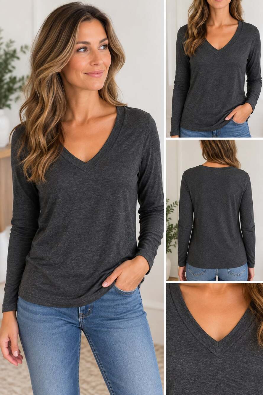 Express Fitted Tee V-Neck Long Sleeve Dark Gray Heather XS